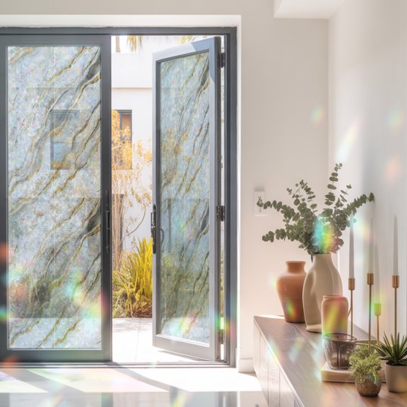 Abstract White Marble Texture Window Privacy Film, Rainbow Film Decorative Window Sticker 23.6x78.7in, Retro Golden Veins Seamless Sun Blocking Static Stained Glass Cling Tint Non-Adhesive