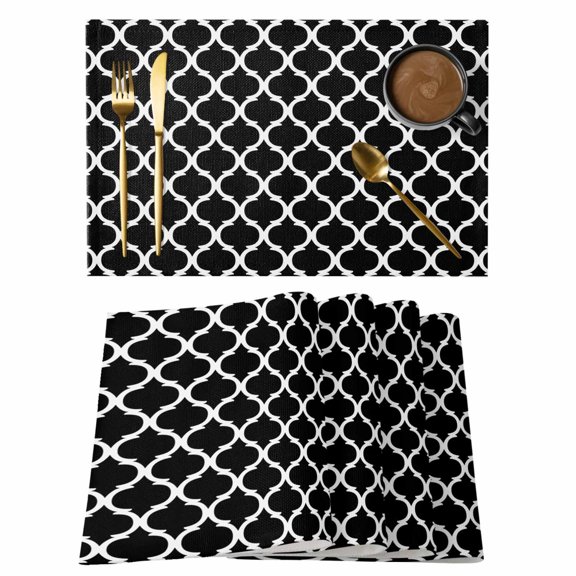 Abstract White Morocco Pattern Placemats Set of 6,Wipeable Washable Table Mats for Dining Tables, Black Background Place Mats for Kitchen Event Party Tabletop Decor