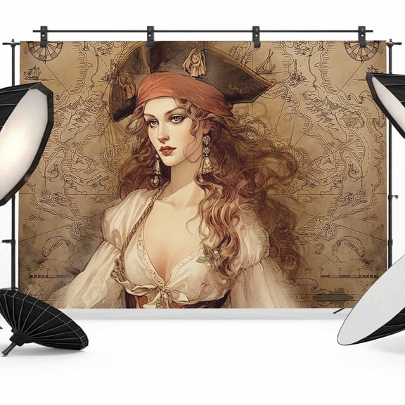 Pirate Girl Backdrop for Photography, Treasure Route Map Photo Backdrop Portrait Background Party Banner Photo Backgrounds for Studio Booth Props, 8x6ft