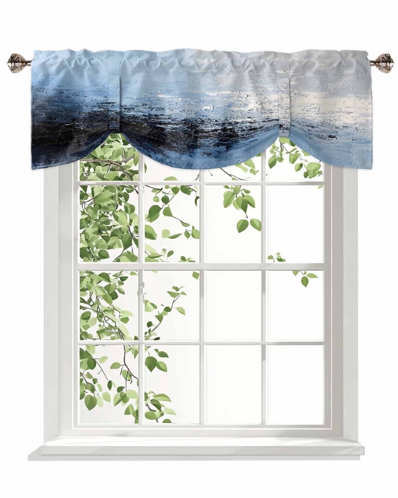 Abstract White Ombre Blue Tie Up Valances Curtain, Oil Painting Ombre Modern Kitchen Valances for Windows Decor, Rod Pocket Short Curtains Set for Bedroom/Bathroom, 60"x18"