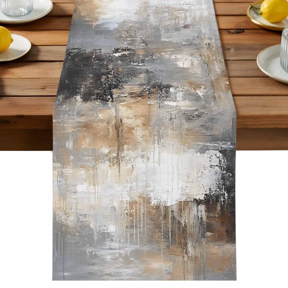 Abstract White Ombre Brown Table Runner, Oil Painting Cotton Linen Table Cloth, Tablerunner for Kitchen Dining Party Wedding Home Decor 13x36 Inch