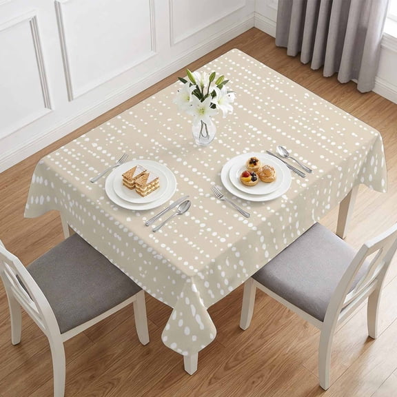Abstract White Polka Dot Table Cloth 52x70in, Waterproof Rectangle Tablecloth Wipeable Tablecloths Modern Dotted on Beige Table Covers for Dining Tables Party Indoor Outdoor