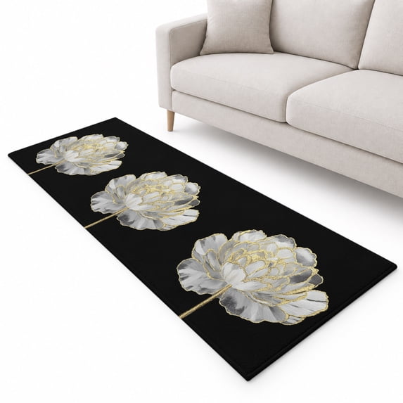 Abstract White Runner Rug 2.6'x10', Gold Floral Black Background Modern ...