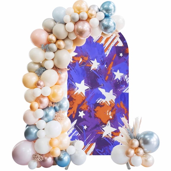 Abstract White Star Arch Backdrop Cover 6 FT Purple Orange Ink Splatter Graffiti Modern Stretchy Elastic Arch Stand Covers Spandex Arched Background Birthday Wedding Party Decoration (No Stand)