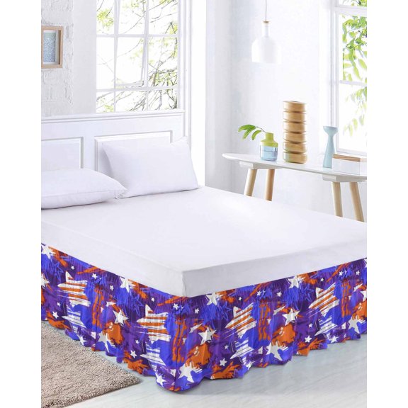 Abstract White Star Bed Skirt Queen Size 16 Inch Drop, Purple Orange Ink Splatter Graffiti Modern Adjustable Elastic Dust Ruffles Bedskirt for Queen Bed Wrap Around Pleated Mattress Frame Cover