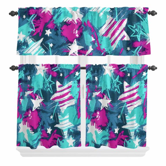 Abstract White Star Curtain Valances Set Pink Green Ink Splatter Graffiti Modern Kitchen Curtains 24 inch Length Rod Pocket Valance and Tiers 3 Piece Set Small Bedroom Bathroom Laundry Decor