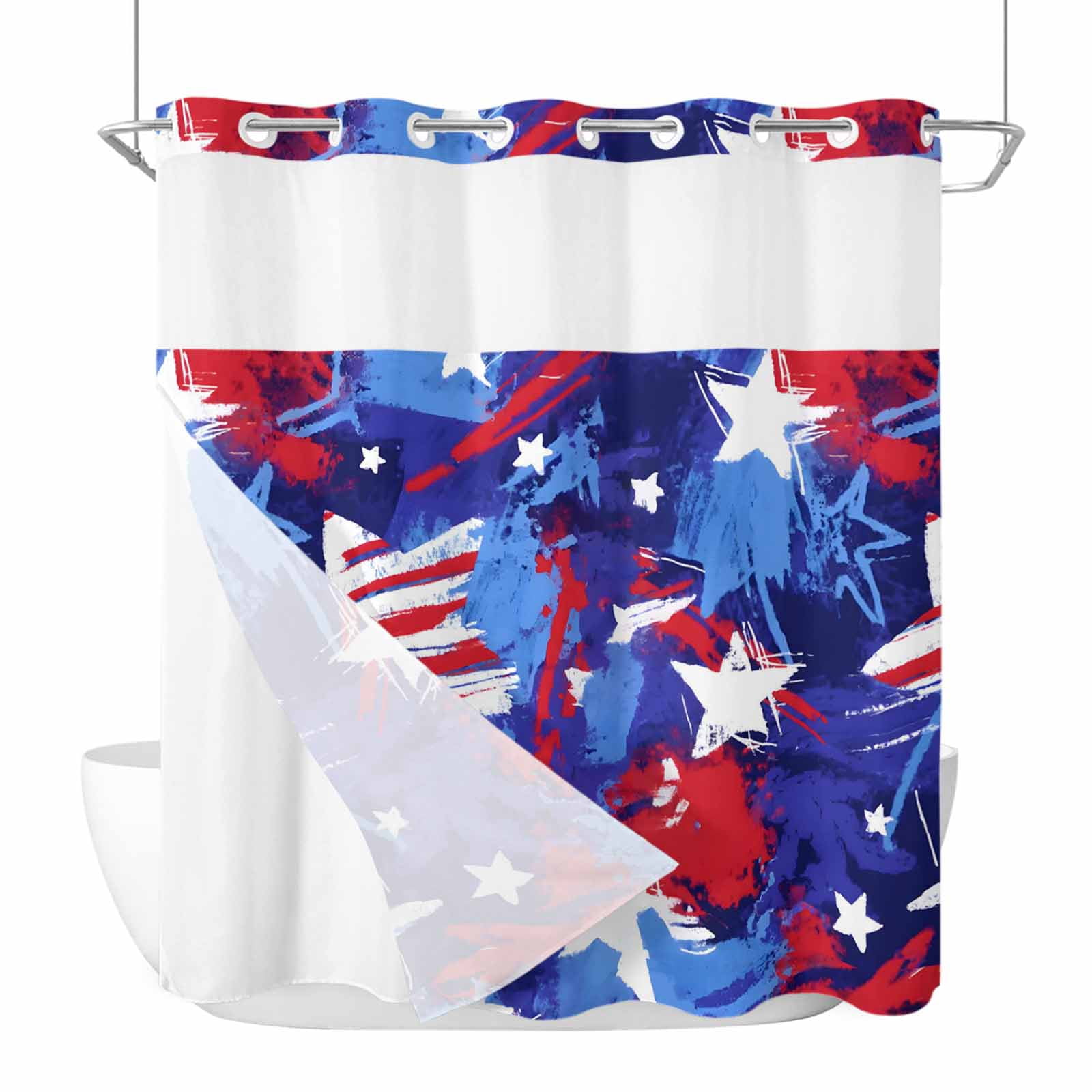 Abstract White Star No Hook Shower Curtain with Snap in Liner, Red Blue ...