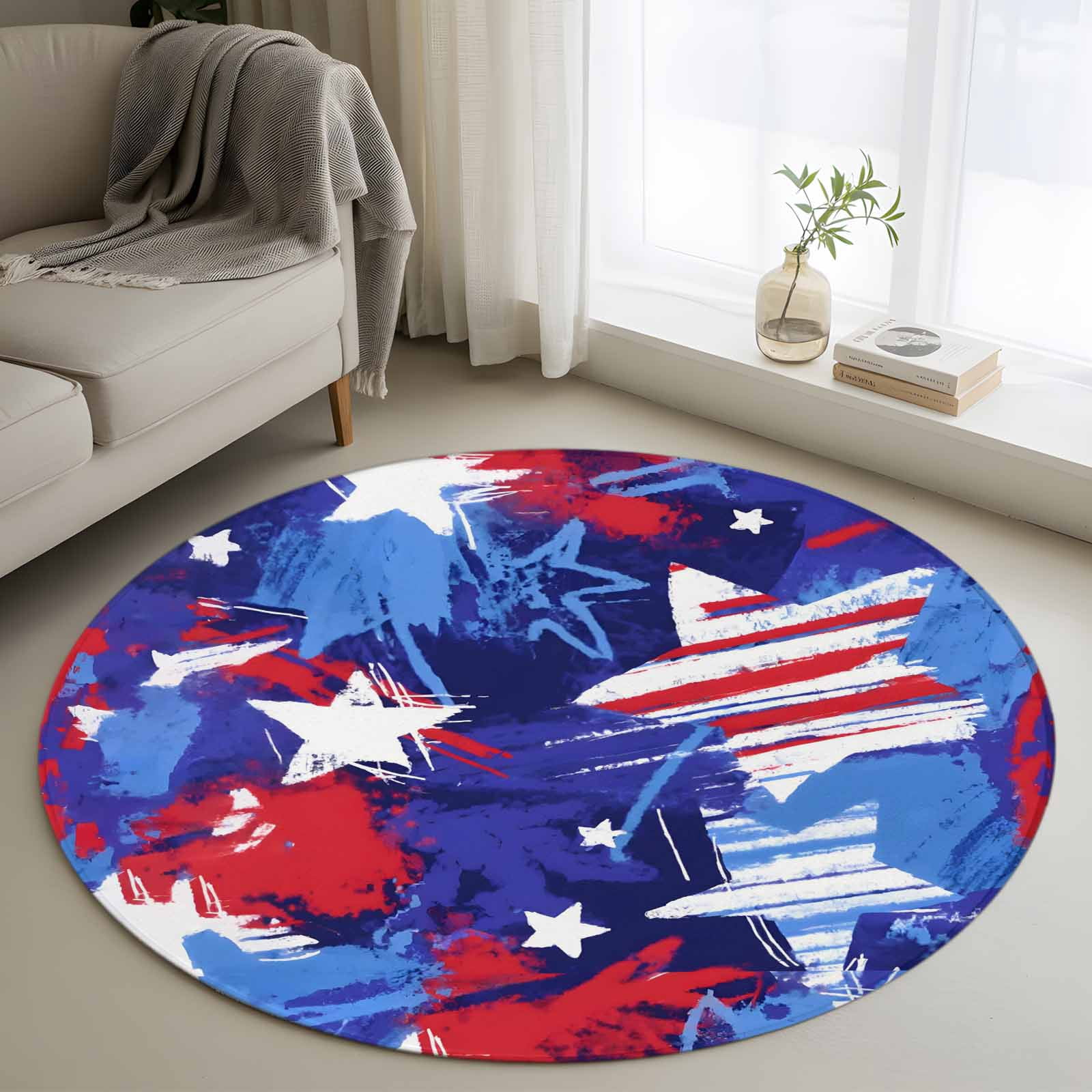 Abstract White Star Round Area Rugs 3 ft, Red Blue Ink Splatter ...