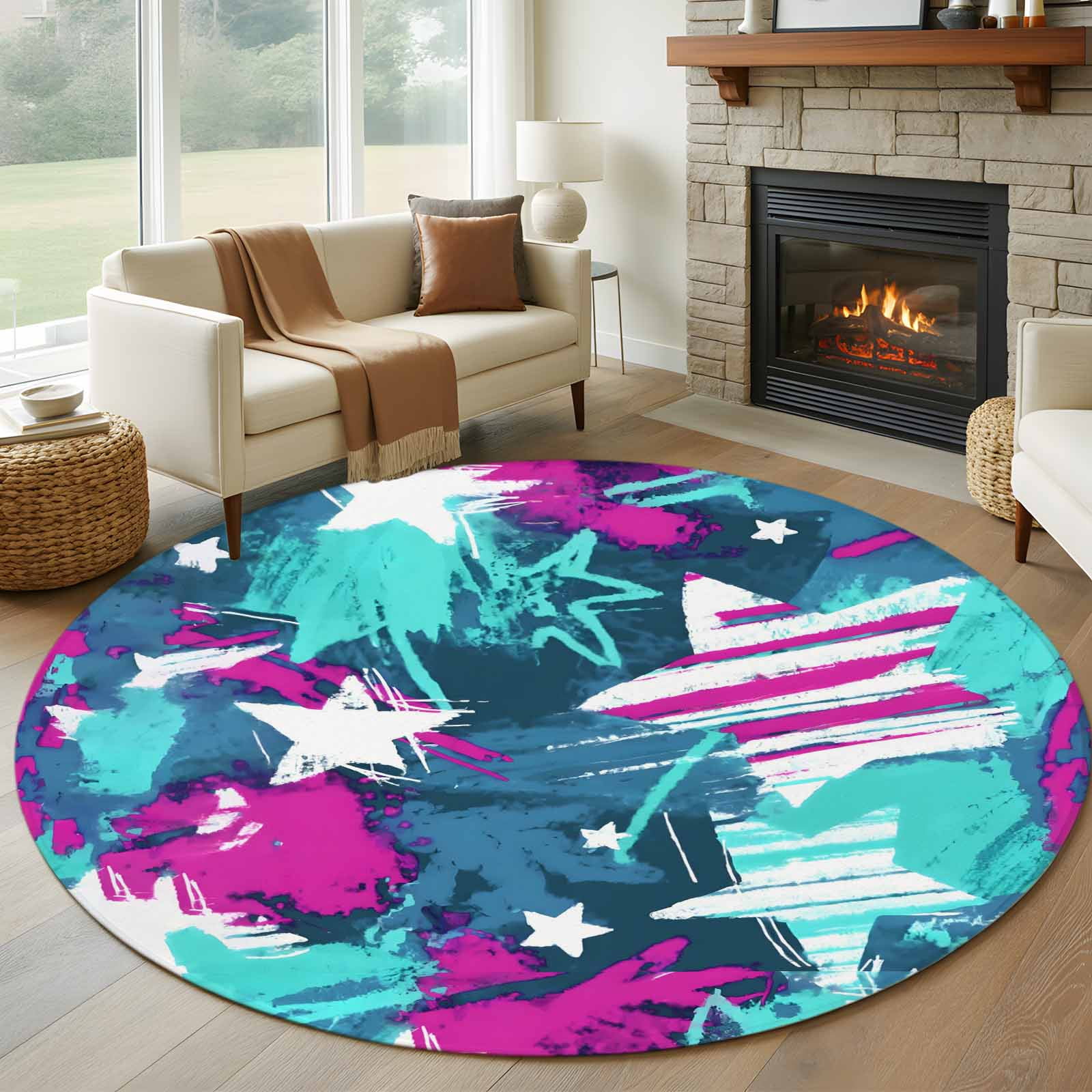 Abstract White Star Round Living Room Rugs 7 ft, Pink Green Ink ...