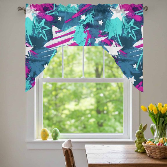 Abstract White Star Swag Valances for Kitchen Window, Pink Green Ink Splatter Graffiti Modern Small Swag Valances Rod Pocket Curtain Drapes Window Treatment for Bedroom Bathroom, 56x36 Inch