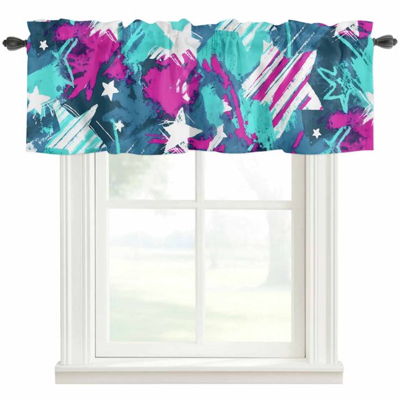 Abstract White Star Valances for Windows Pink Green Ink Splatter Graffiti Modern Rod Pocket Curtain Valance Window Treatment Short Curtains for Kitchen Living Room, 60"x14"