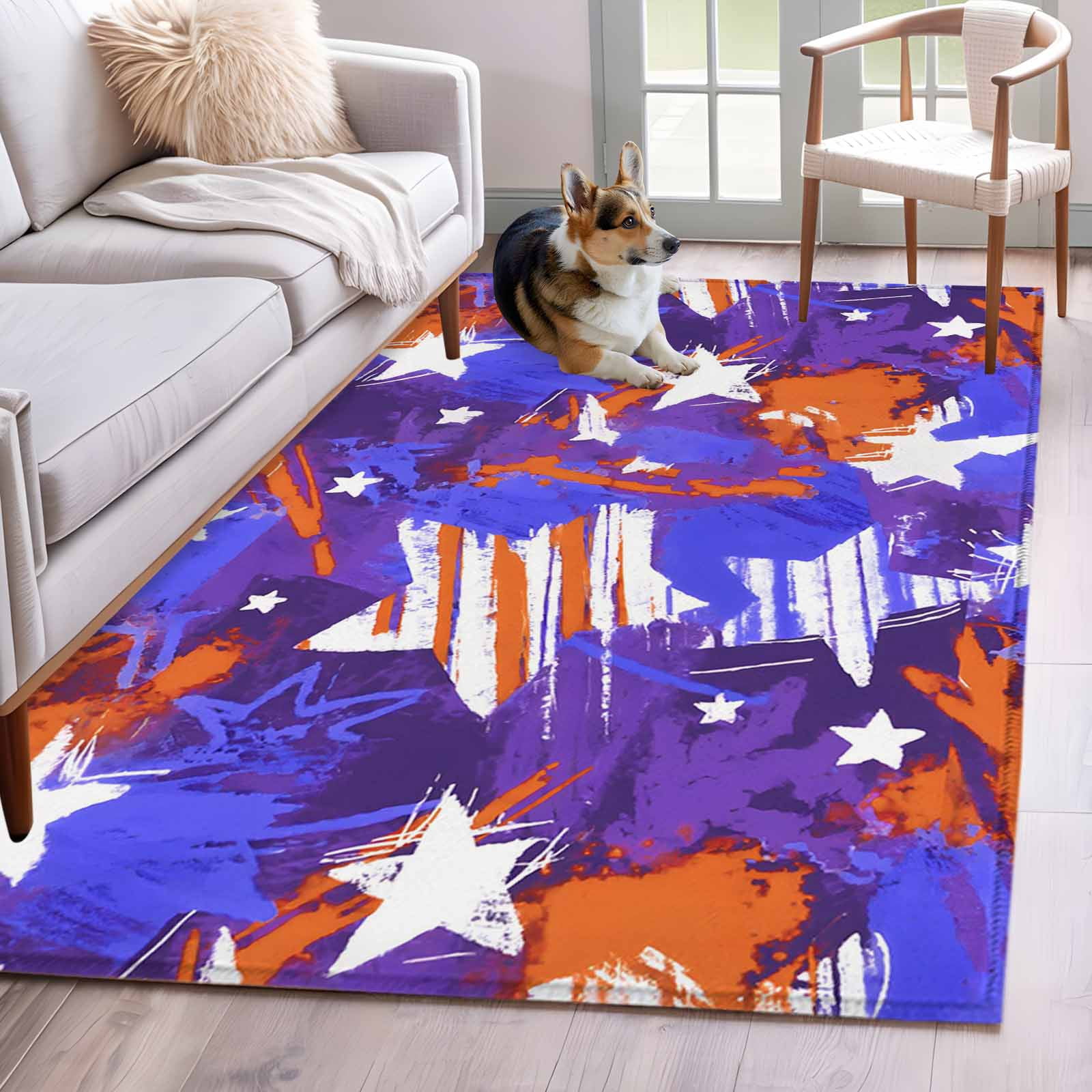 Orange Splat Rug Abstract White Star Washable Area Rugs 4'x6', Purple Orange Ink ...