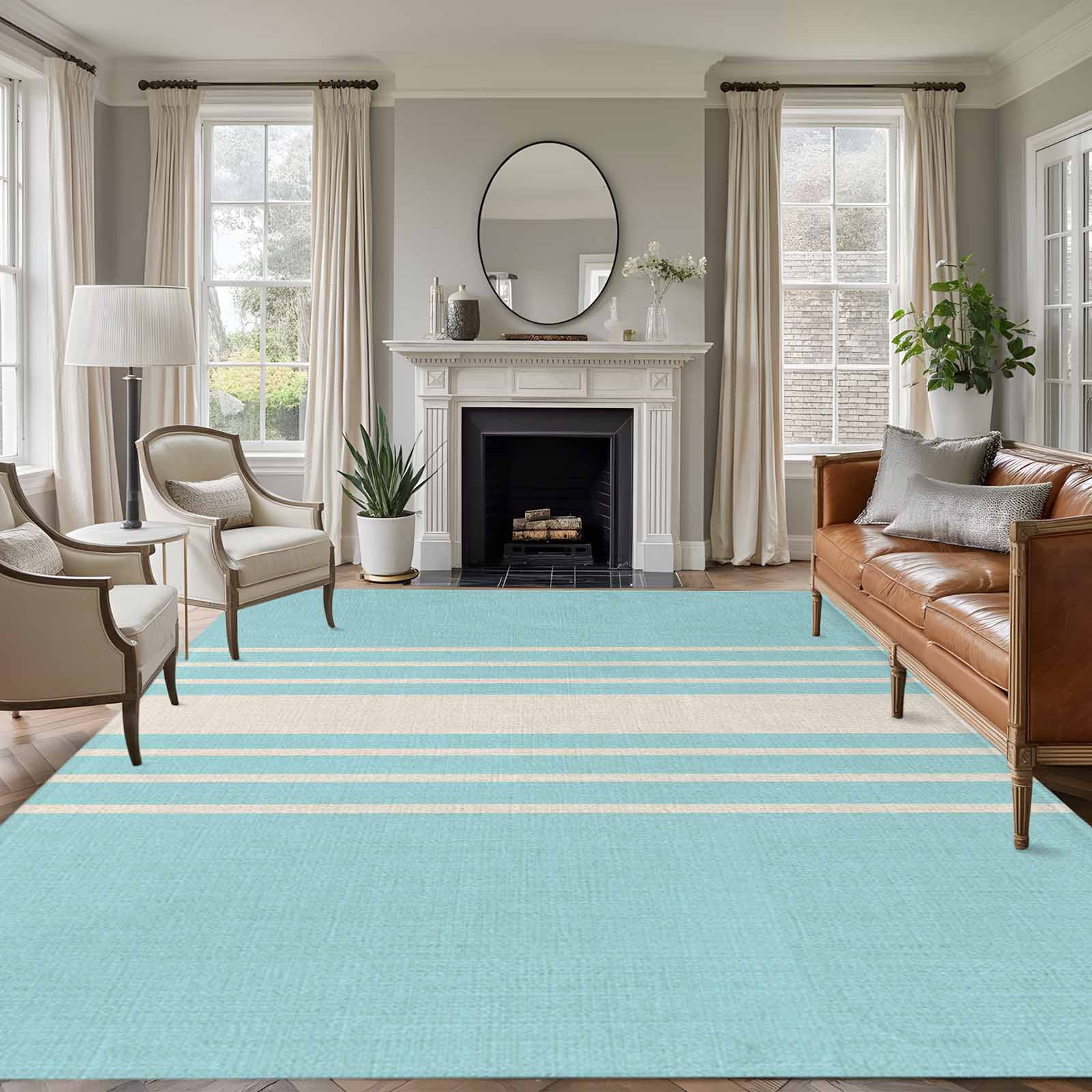 Abstract White Striped 8'x10' Area Rug for Living Room Sectional Sofa ...