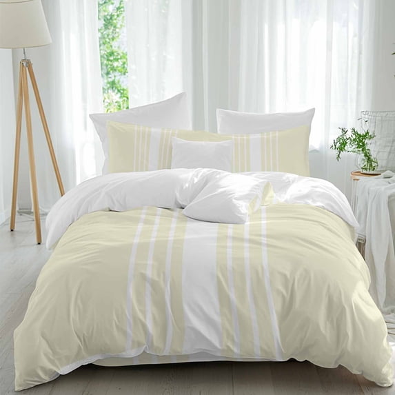 Abstract White Striped Bedding Duvet Cover Set California King Size 4 Pieces, Modern Simple Yellow Background Bedding Set with Zipper Closure, 1 Comforter Cover 92x106in 1 Flat Sheet & 2 Pillow Cases
