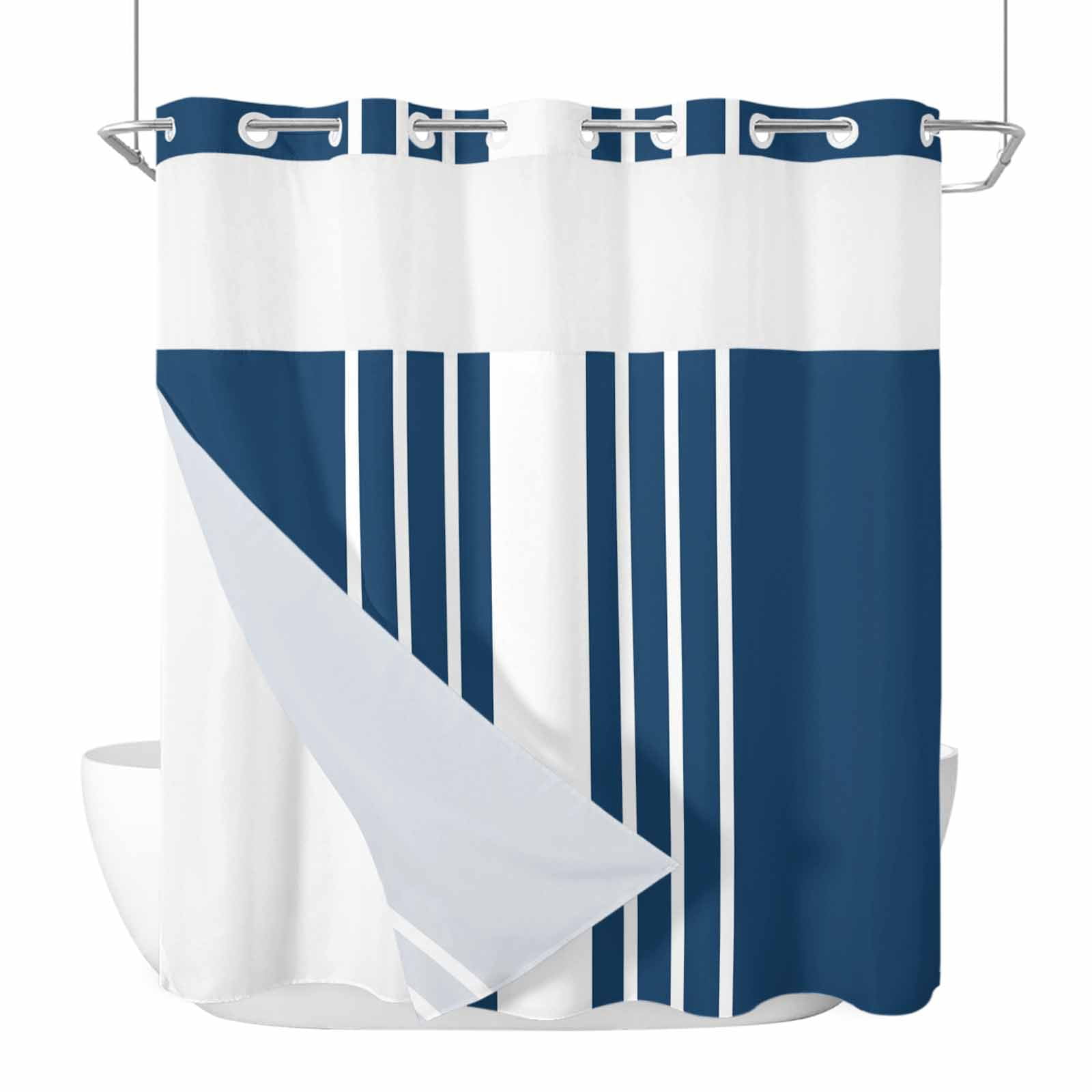 Abstract White Striped No Hook Shower Curtain and Snap in Liner Set ...