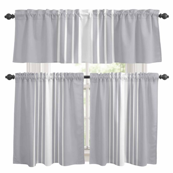 Abstract White Striped Kitchen Curtains Valances and Tiers Set of 3 Simple Gray Background Tier Curtains and Valance with Rod Pocket for Small Windows, 27.5"x24"