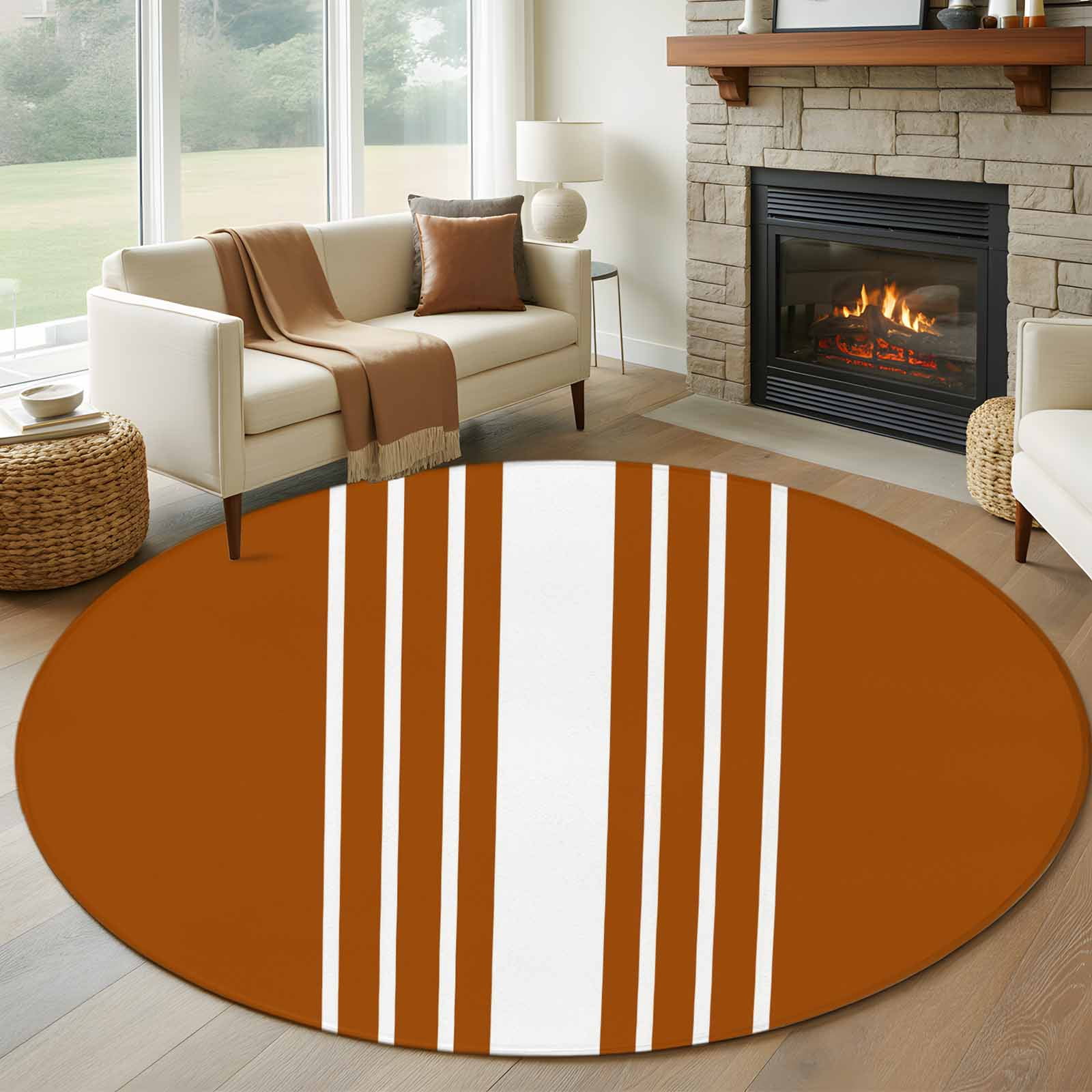Abstract White Striped Round Living Room Rugs 8 ft, Simple Brown ...