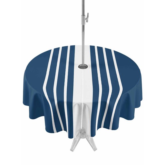 Abstract White Striped Round Outdoor Tablecloth with Umbrella Hole Simple Blue Background 54 Inch Round Waterproof Table Cover Zippered Table Cloth for Garden Patio