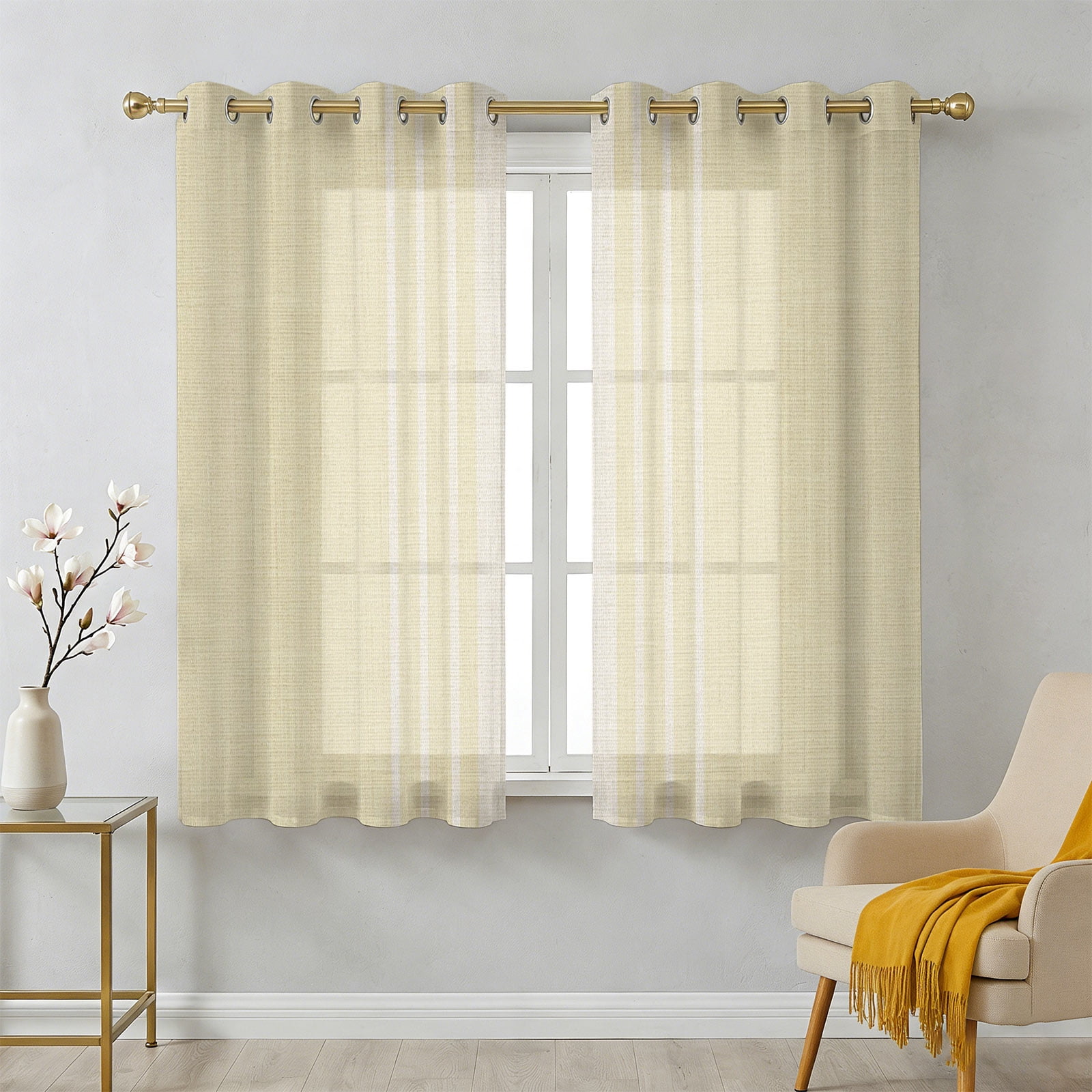 Abstract White Striped Sheer Curtains 54 Inch Long 2 Panels, Simple ...