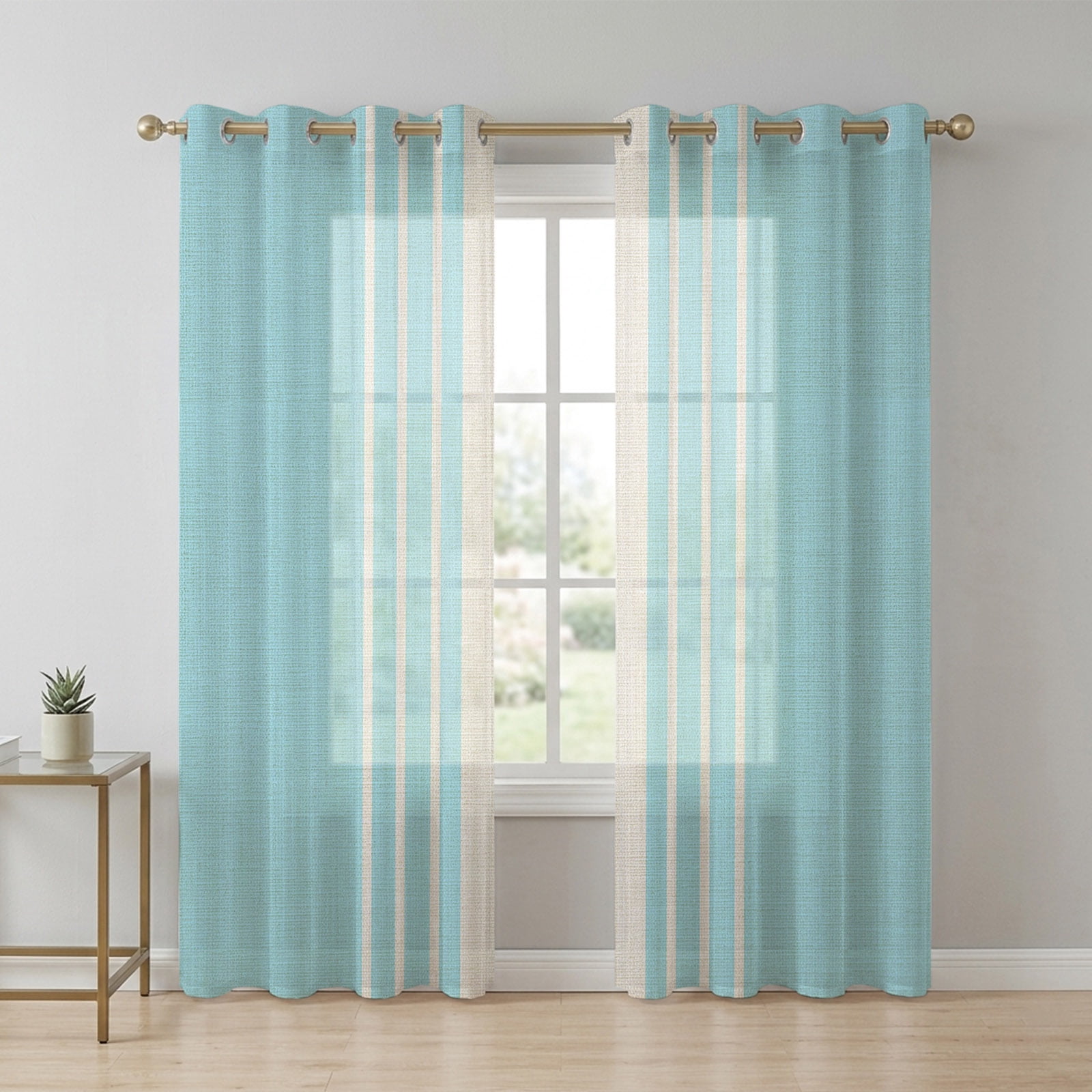 Abstract White Striped Sheer Curtains 84 Inch Long 2 Panels, Modern ...