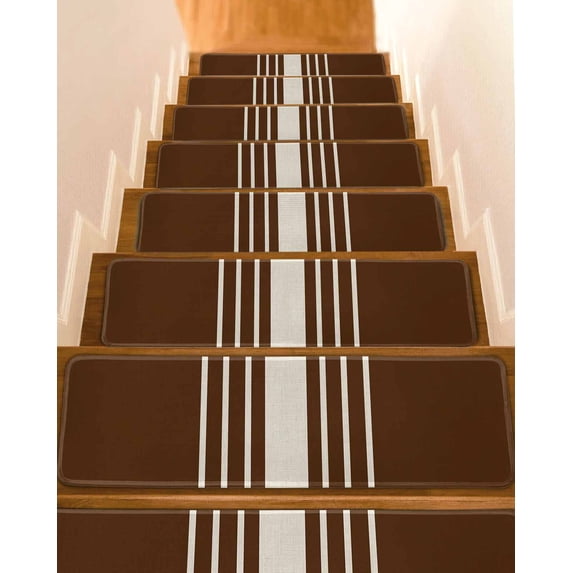 Abstract White Striped Stair Treads Non Slip for Steps Simple Brown Linen Modern 15 Pcs Reusable Adhesive Stair Runner Mats for Dogs Elders Carpet Treads Rugs for Staircase 8x30 In