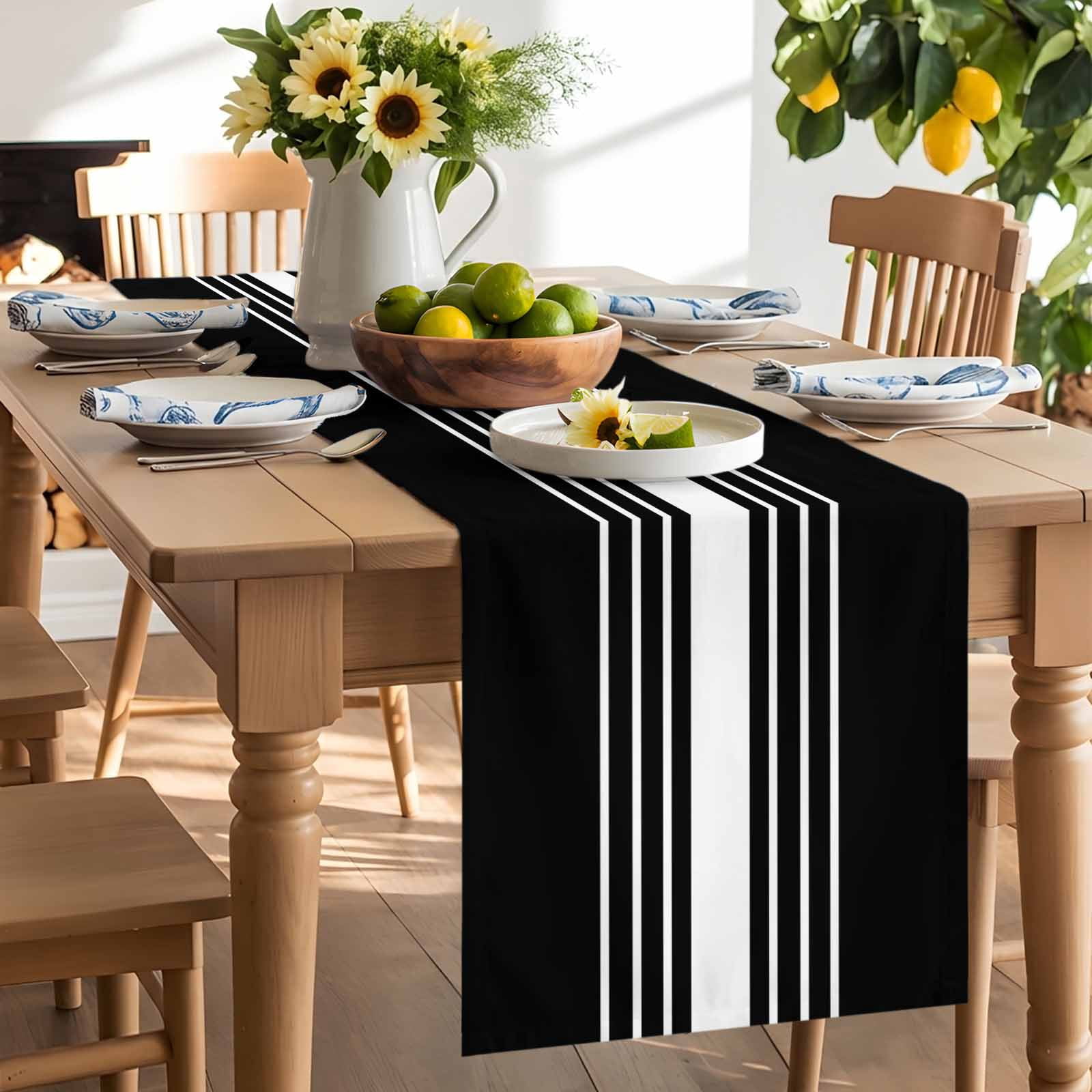 Abstract White Striped Table Runner, Simple Black Background Washable ...