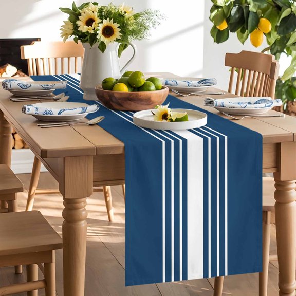 Abstract White Striped Table Runner, Simple Blue Background Washable Kitchen Table Runners Dress Scarves for Dining Table Decorations Party/Restaurant/Indoor Outdoor Use, 13x36in