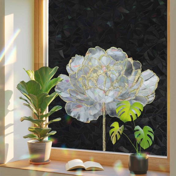 Abstract White Window Privacy Film, Gold Floral Black Background Modern Art Stained Glass Rainbow Film Decorative Window Clings, Static Cling Sun Blocking Stickers 17.7" x 39.3"