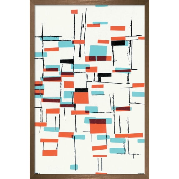 Abstract - White with Blue and Orange Rectangles Wall Poster, 14.725" x 22.375", Framed