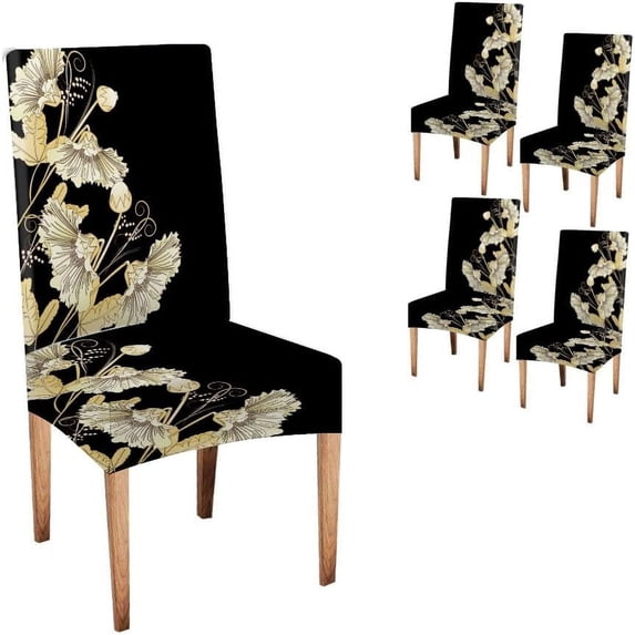 Abstract Wild Flower Dining Chair Covers Set of 4 Wild Flowers on a Black in Graphic Style Parson Chair Slipcover Removable Washable Chair Protector