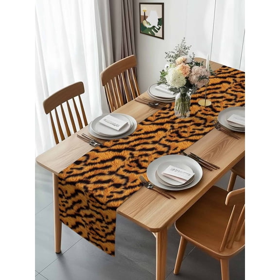 Abstract Wild Tiger Fur Texture Table Runner 13x70in Non-Slip Cotton Linen Table Runners, Modern Stripe Animal Skin Dresser Scarves TableRunner for Dinner Kitchen Dining Wedding Party