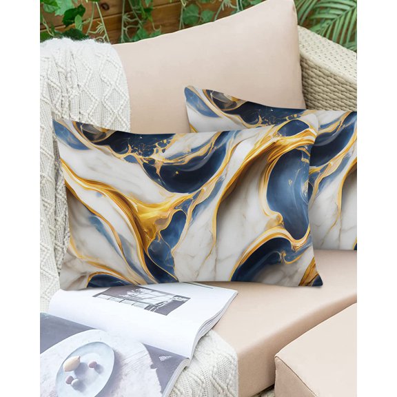 Abstract Wild White Blue Marble Texture Outdoor Pillow Covers Set of 2,Decorative Waterproof Throw Pillow Case,Natural Granite with Gold Line Cotton Linen Soft Cozy Cushion Pillowcases