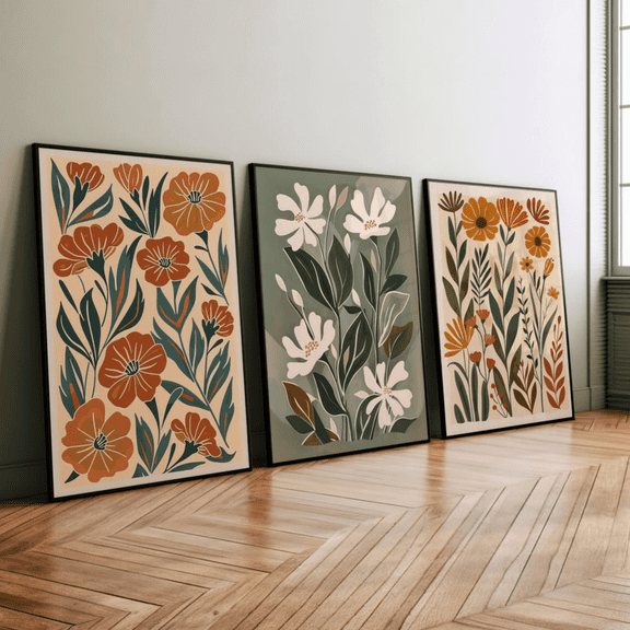 Abstract Wildflower Floral Boho Poster Set 3 Prints Set 3 , Stretched Canvas