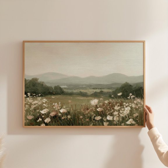 Abstract Wildflower Meadow Sage Green Landscape Rural Field Art Neutral Botanical Wall Art Poster , Poster Print Only