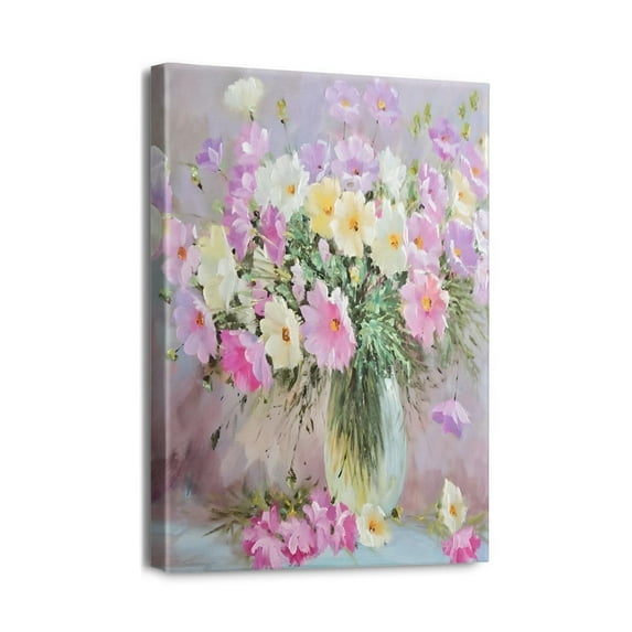 Abstract Wildflower Painting 12X16Inch Framed Pink Flower Canvas Wall Art, Floral Poster for Bedroom, Living Room or Bathroom. Colorful Botanical Pictures to Enliven Your Space