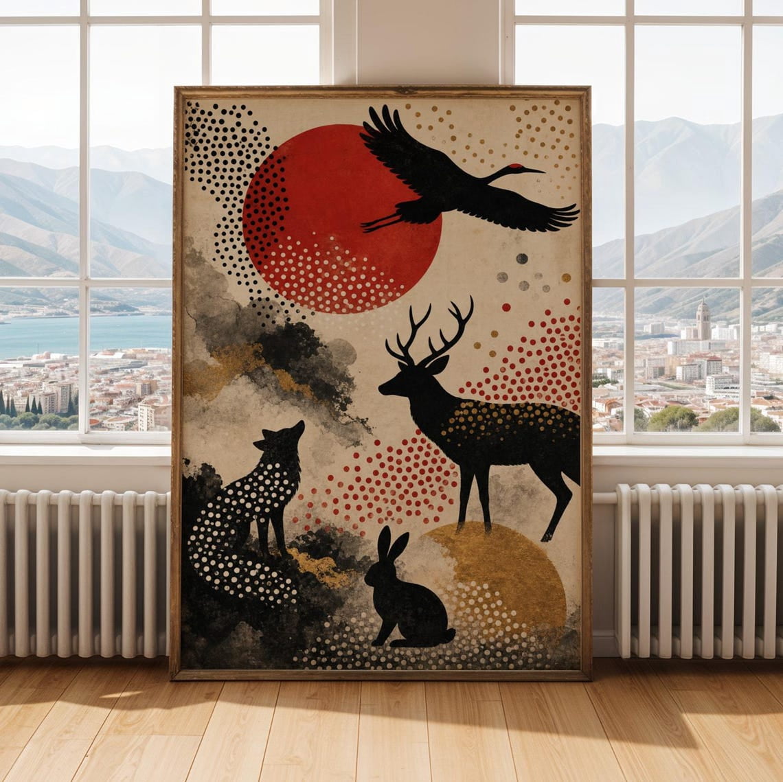 Abstract Wildlife Silhouettes Poster, Modern Dotwork, Black And Red ...