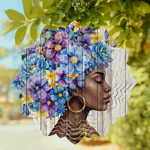 Abstract Wind Spinner for Garden Yard 8In, African-American Women Blue Purple Flower Butterfly Wood Grain 3D Stainless Steel Kinetic Hanging Wind Spinners Rustproof Outdoor Decor for Lawn Patio Home