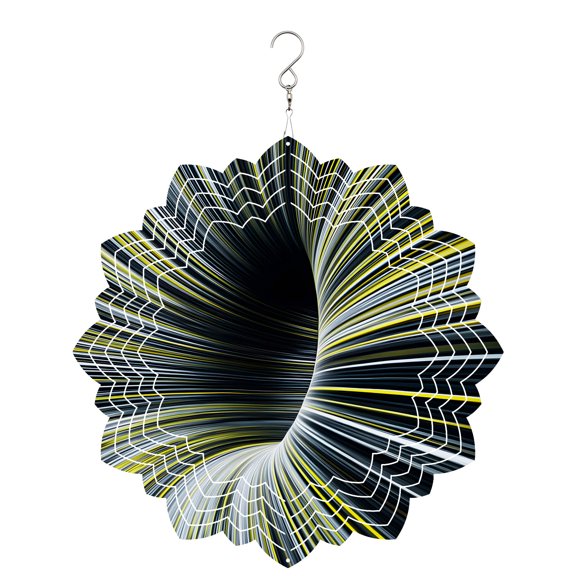 Abstract Wind Spinner for Garden Yard 8In, Lemon Yellow White Linear Warp Optical Tunnel Concentric Line 3D Stainless Steel Kinetic Hanging Wind Spinners Rustproof Outdoor Decor for Lawn Patio Home