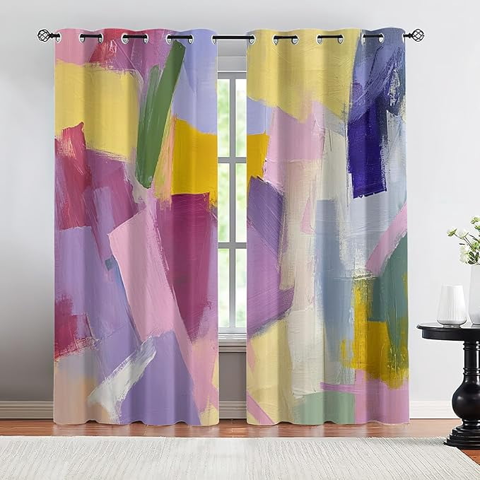 Abstract Window Curtain Panel, Color Collage Printed Drapes, Abstract ...