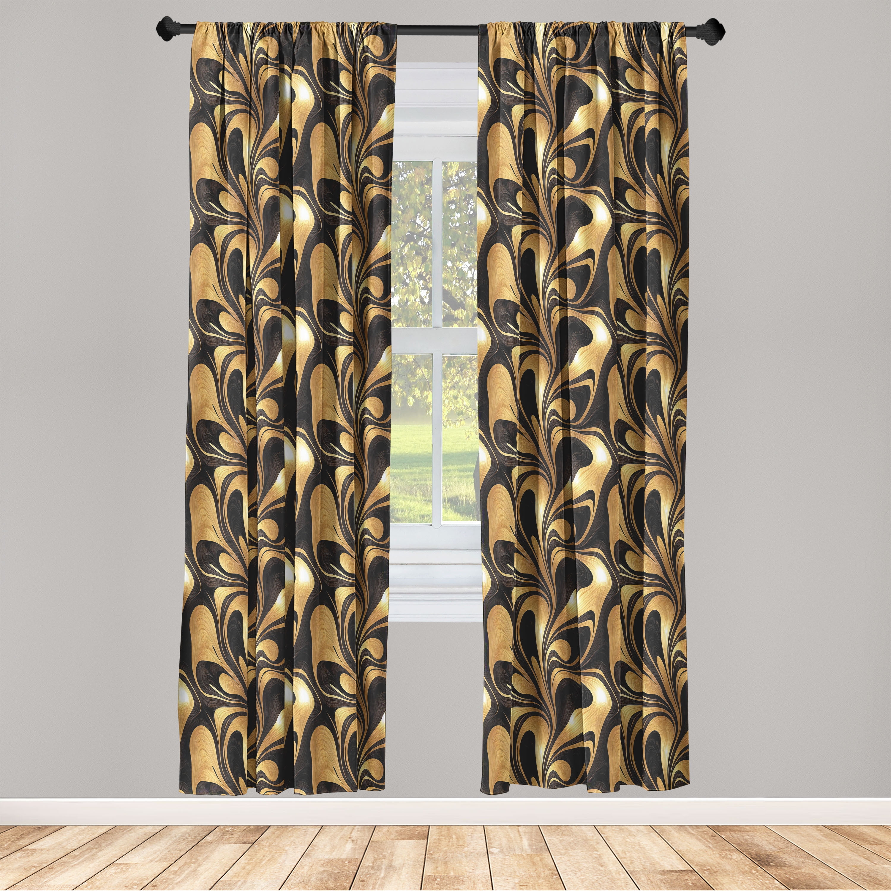 Abstract Black and Gold Room-Darkening Microfiber Curtain Panels