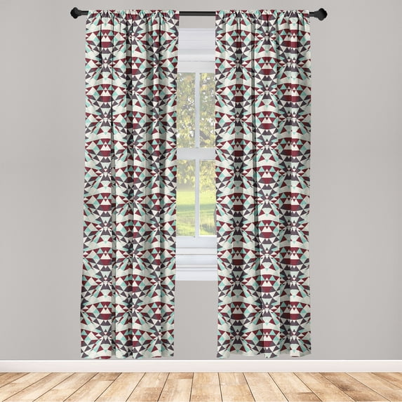 Abstract Window Curtains, Geometric Symmetry with Triangles Shapes Optical Illusion Artwork, Lightweight Decor 2-Panel Set with Rod Pocket, Pair of - 28"x95", Eggshell Maroon and Seafoam, by Ambesonne