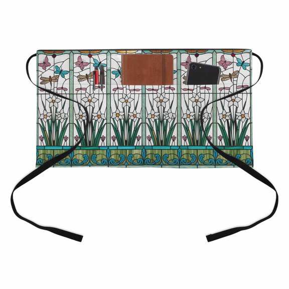 Abstract Window Flowers Half Waist Apron Geometric Texture Plant Butterfly Short Waiter Aprons with 3 Pockets for Women Men Kitchen Restaurant Cooking
