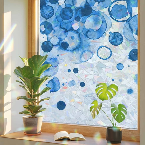 Abstract Window Privacy Film, Blue Gradient Watercolors Ink Points Minimalist Style Stained Glass Rainbow Film Decorative Window Clings, Static Cling Sun Blocking Stickers 19.6" x 39.3"