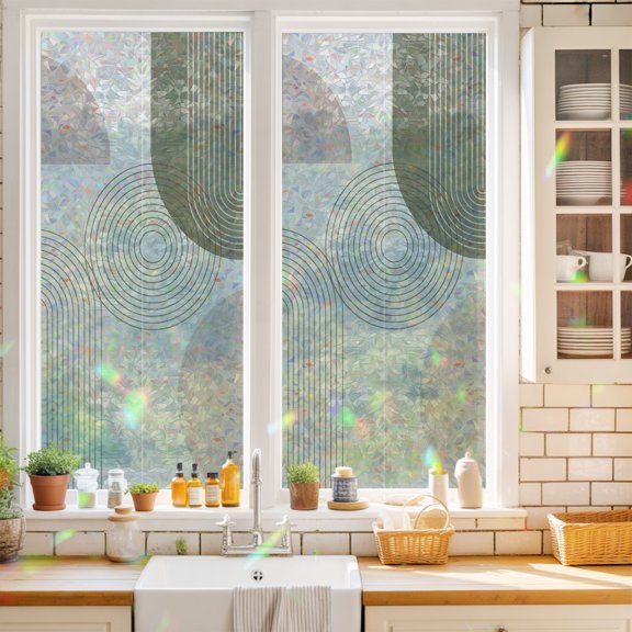 Abstract Window Privacy Film Boho Minimalist Beige Green Curved Arch Line Circle Static Cling Stained Glass Window Film Non-Adhesive Decorative Decals Rainbow Sticker 17.7"X39.3"