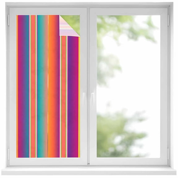 Abstract Window Privacy Film, Colorful Mexican Stripe Orange Purple Farmhouse Frosted Glass Window Clings Static Cling UV Heat Blocking Reusable Door Sticker for Bathroom 17.7 x 39.3 Inch