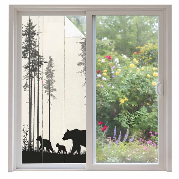 Abstract Window Privacy Film Forest Walking Bear Family Pine Tree Silhouette Decorative Glass Window Film UV Blocking Static Cling Non-Adhesive Sticker Covering for Home Door 35.4x78.7 inches