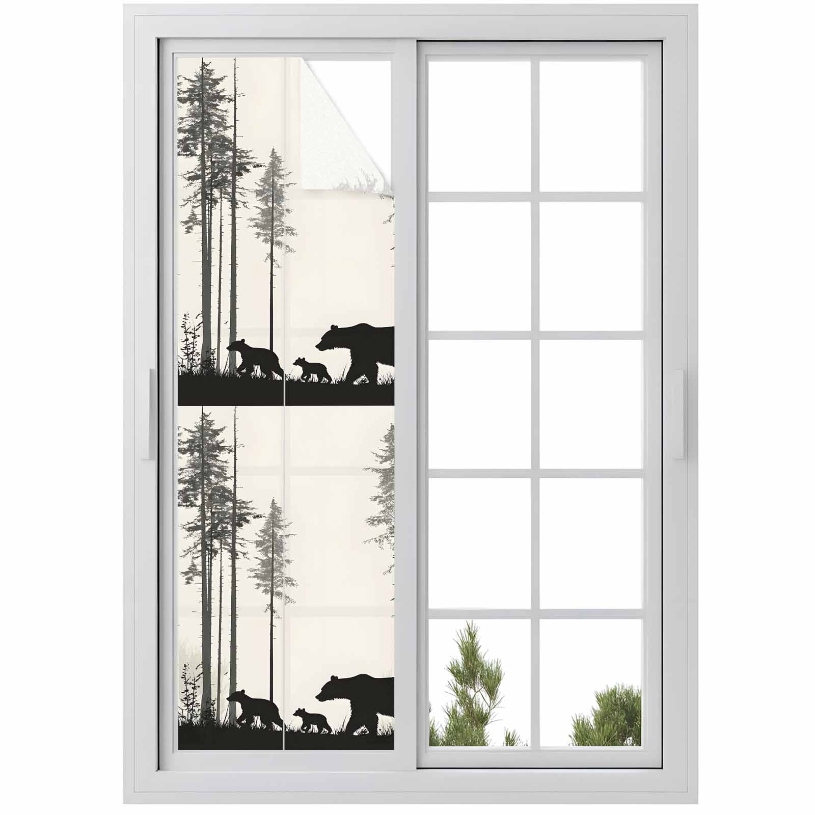 Abstract Window Privacy Film Forest Walking Bear Family Pine Tree Silhouette Decorative Glass Window Film UV Blocking Static Cling Non-Adhesive Sticker Covering for Home Door 23.6 x 78.7 inches