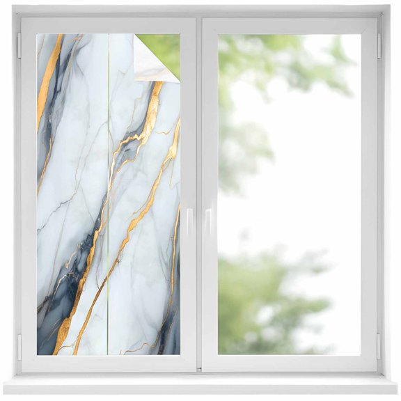 Abstract Window Privacy Film Grey White Marble Texture Golden Lines Decorative Glass Window Film UV Blocking Static Cling Non-Adhesive Sticker Covering for Home Door 17.7 x 39.3 inches