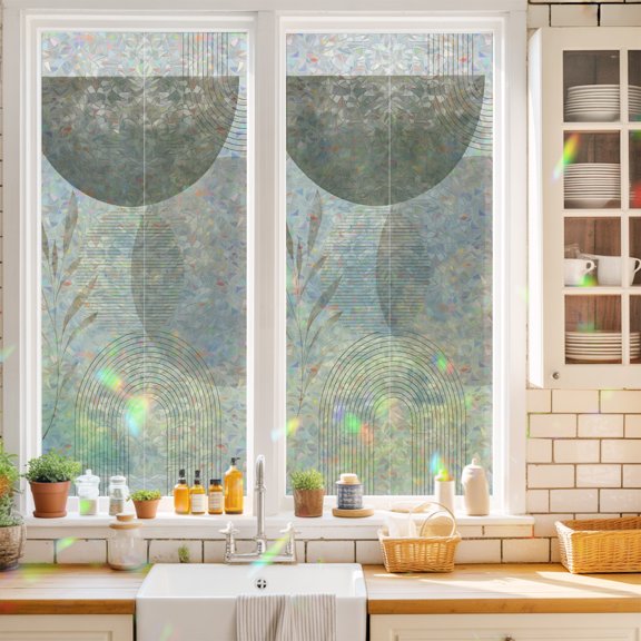 Abstract Window Privacy Film Minimalist Boho Beige Green Curved Arch Line Circle Leaf Static Cling Stained Glass Window Film Non-Adhesive Decorative Decals Rainbow Sticker 17.7"X39.3"