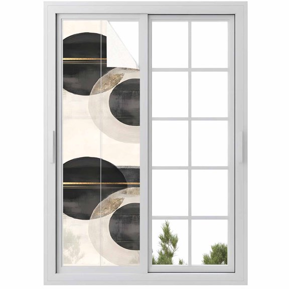 Abstract Window Privacy Film Mottled Geometric Black Gold Stripe Circle Moon Decorative Glass Window Film UV Blocking Static Cling Non-Adhesive Sticker Covering for Home Door 29.5 x 118 inches